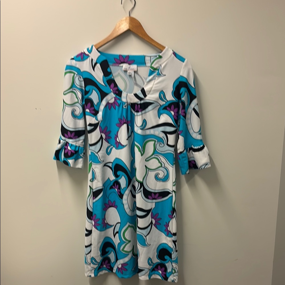 Jude Connally Blue and Purple Retro Abstract Floral Printed Dress